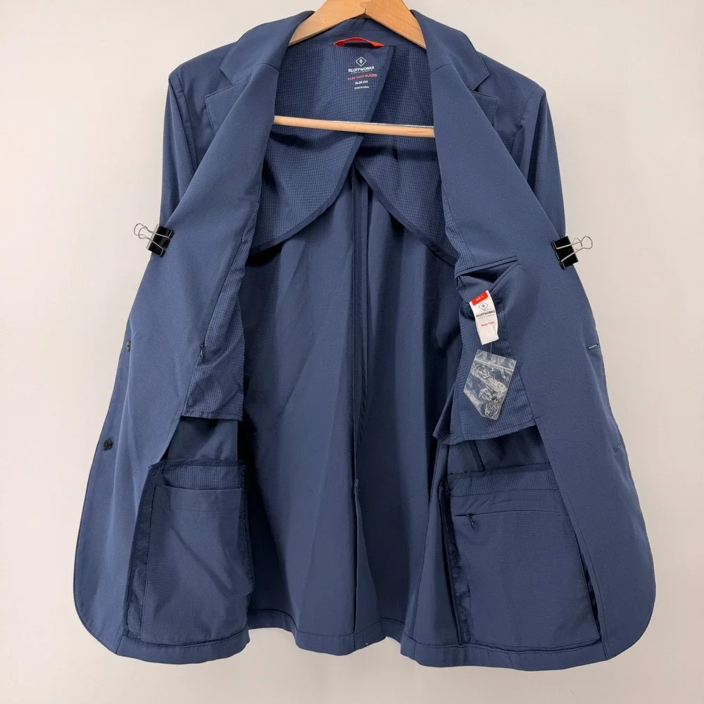 Bluffworks Gramercy Blazer Mens 40L Blue Slim Fit Telex Tech Travel Jacket